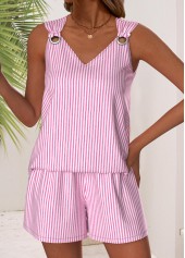 Pink Striped Sleeveless V Neck Tank Top