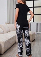 Black Floral Print Short Sleeve Lounge Top and Pants