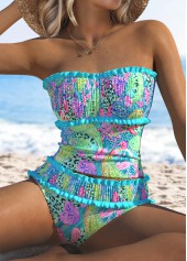 Smocked Mid Waisted Paisley Print Cyan Tankini Set