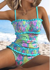 Smocked Mid Waisted Paisley Print Cyan Tankini Set | thumb picture 