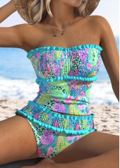 Smocked Mid Waisted Paisley Print Cyan Tankini Set | thumb picture 