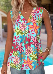 Multi Color Floral Print Sleeveless V Neck Tank Top