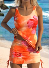 Mid Waisted Floral Print Orange Tankini Set
