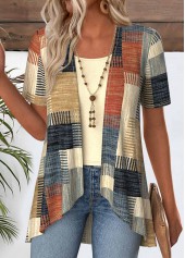 Multi Color Geometric Print Fake Two Piece Twinset