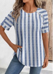 Blue Geometric Print Short Sleeve Round Neck Blouse