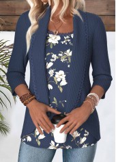 Blue Floral Print 3/4 Sleeve Fake Two Piece Twinset | thumb picture 