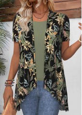 Green Leaf Print Short Sleeve Light Cardigan