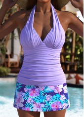 Mid Waisted Floral Print Purple Tankini Set