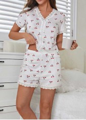 White Short Sleeve V Neck Lounge Top and Shorts