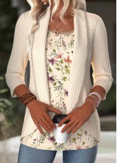 Beige Floral Print 3/4 Sleeve Fake Two Piece Twinset | thumb picture 