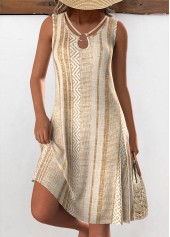Light Camel Tummy Coverage Geometric Print A Line Dress
