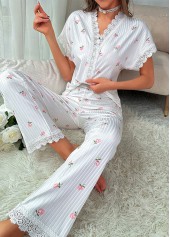 White Floral Print Short Sleeve Lounge Top and Pants