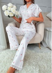 White Floral Print Short Sleeve Lounge Top and Pants