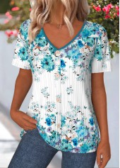 Cyan Floral Print Short Sleeve V Neck T Shirt