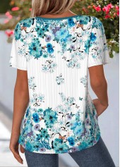 Cyan Floral Print Short Sleeve V Neck T Shirt