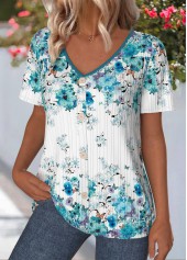 Cyan Floral Print Short Sleeve V Neck T Shirt