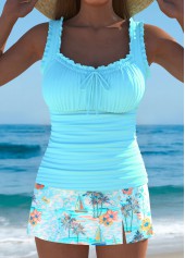 Mid Waisted Tropical Plants Print Cyan Tankini Set