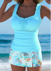 Mid Waisted Tropical Plants Print Cyan Tankini Set | thumb picture 