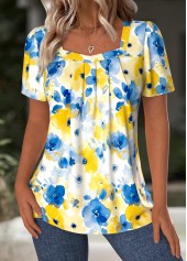 Blue Floral Print Short Sleeve Square Neck T Shirt