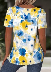 Blue Floral Print Short Sleeve Square Neck T Shirt