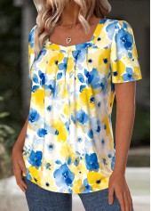Blue Floral Print Short Sleeve Square Neck T Shirt