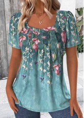 Green Floral Print Short Sleeve Square Neck T Shirt