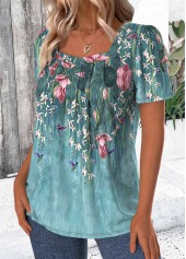 Green Floral Print Short Sleeve Square Neck T Shirt | thumb picture 