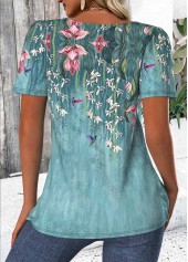 Green Floral Print Short Sleeve Square Neck T Shirt | thumb picture 