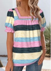Multi Color Striped Short Sleeve Square Neck T Shirt | thumb picture 