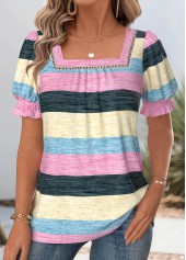 Multi Color Striped Short Sleeve Square Neck T Shirt