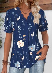 Navy Floral Print Short Sleeve V Neck Blouse