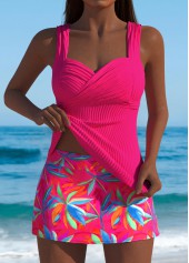 Mid Waisted Leaf Print Hot Pink Tankini Set