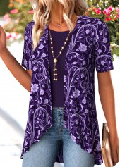 Purple Floral Print Short Sleeve Fake Two Piece Twinset | thumb picture 