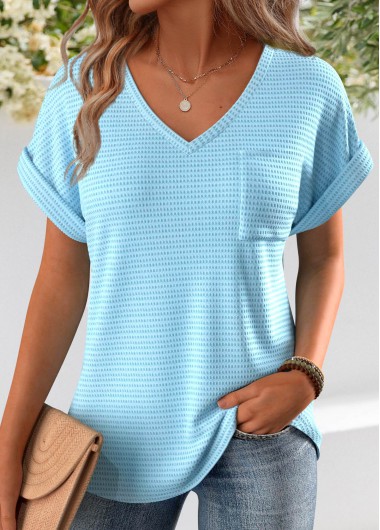 women clothes image of Light Blue Jacquard Short Sleeve V Neck T Shirt