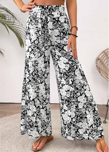 women clothes image of White Floral Print Wide Leg Elastic Waist Pants