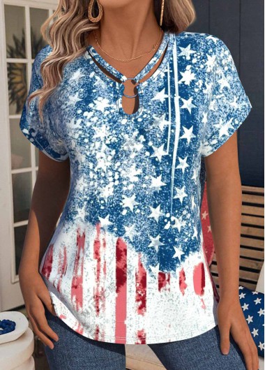 women clothes image of Blue Flag Print Short Sleeve V Neck T Shirt