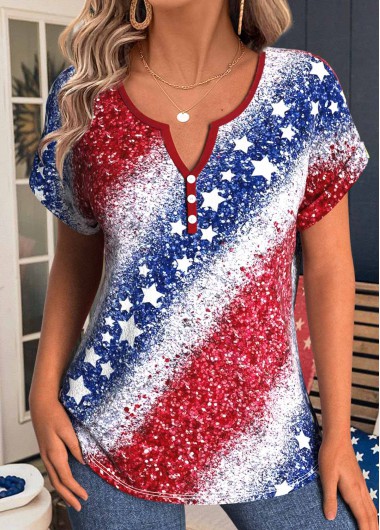 women clothes image of Blue American Flag Print Short Sleeve T Shirt