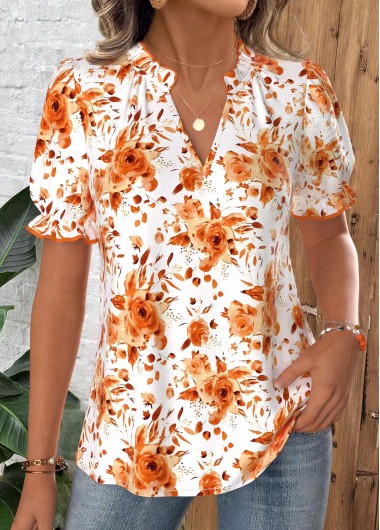 women clothes image of Orange Tummy Coverage Floral Print Short Sleeve Blouse