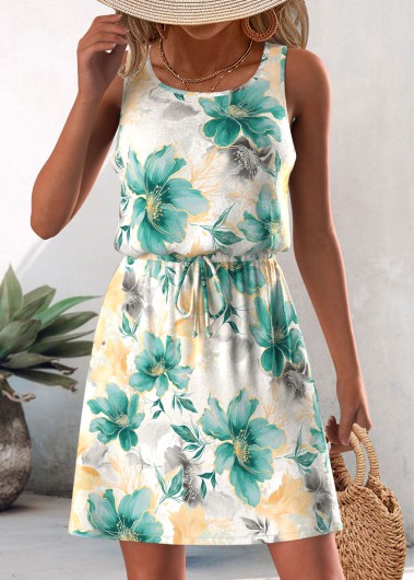 Mulvari Floral Print Round Neck Side Cross Tie Waist Dress