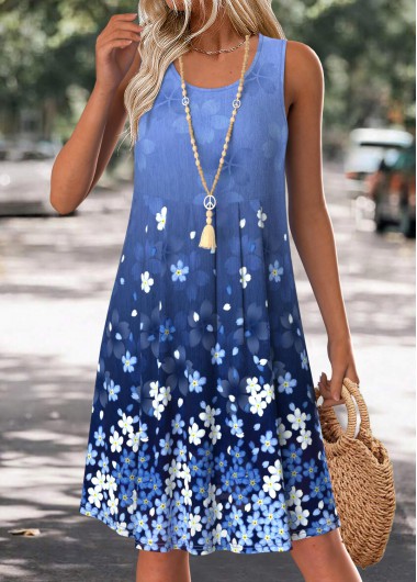 women clothes image of Blue Floral Print Tummy Coverage Sleeveless Round Neck Dress
