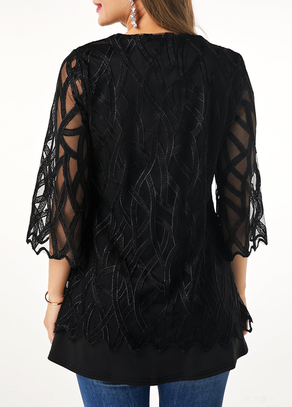 Black Patchwork 3/4 Sleeve Fake Two Piece Twinset | picture 