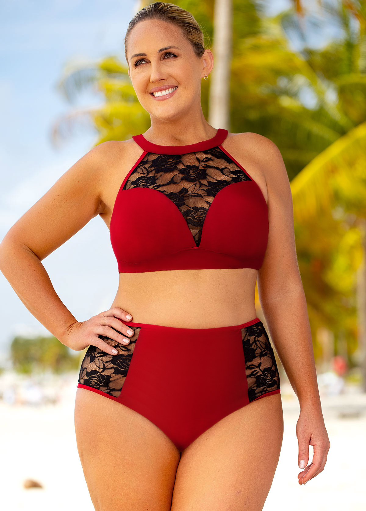 Plus Size Lace Stitching High Waisted Bikini Set | picture 