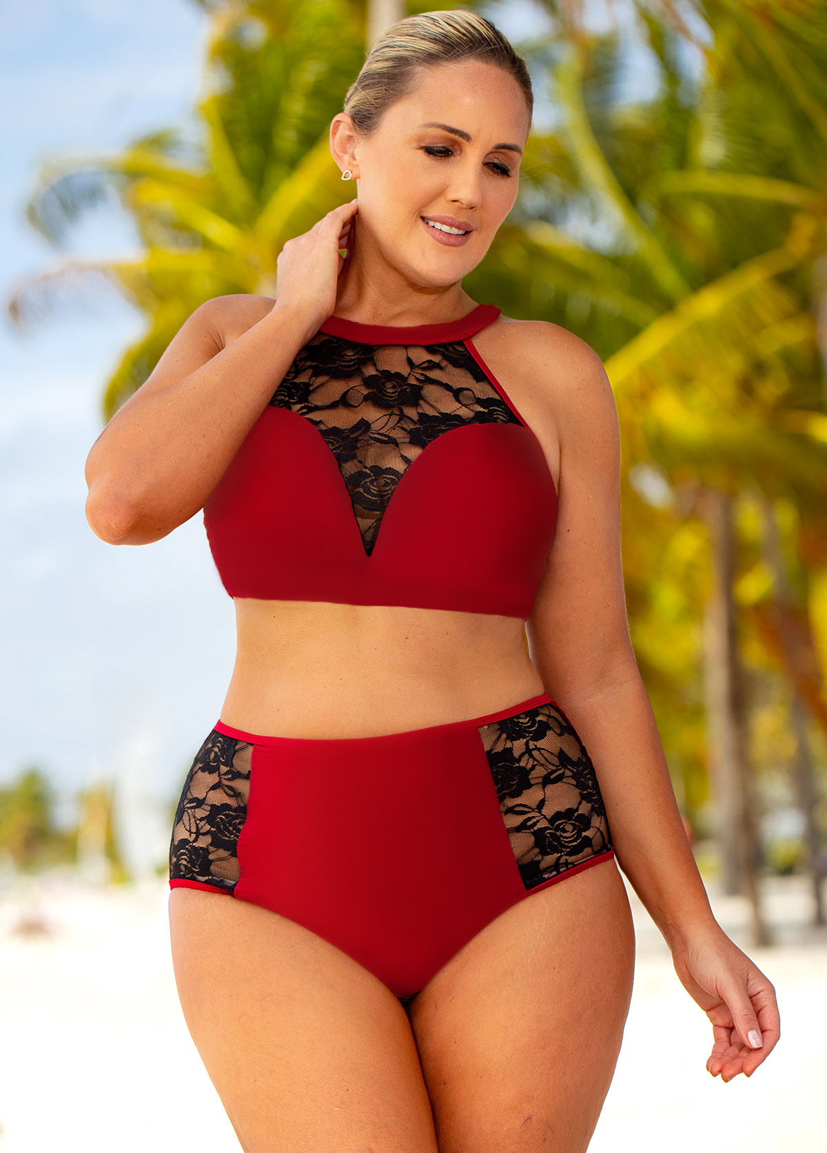 Plus Size Lace Stitching High Waisted Bikini Set | picture 