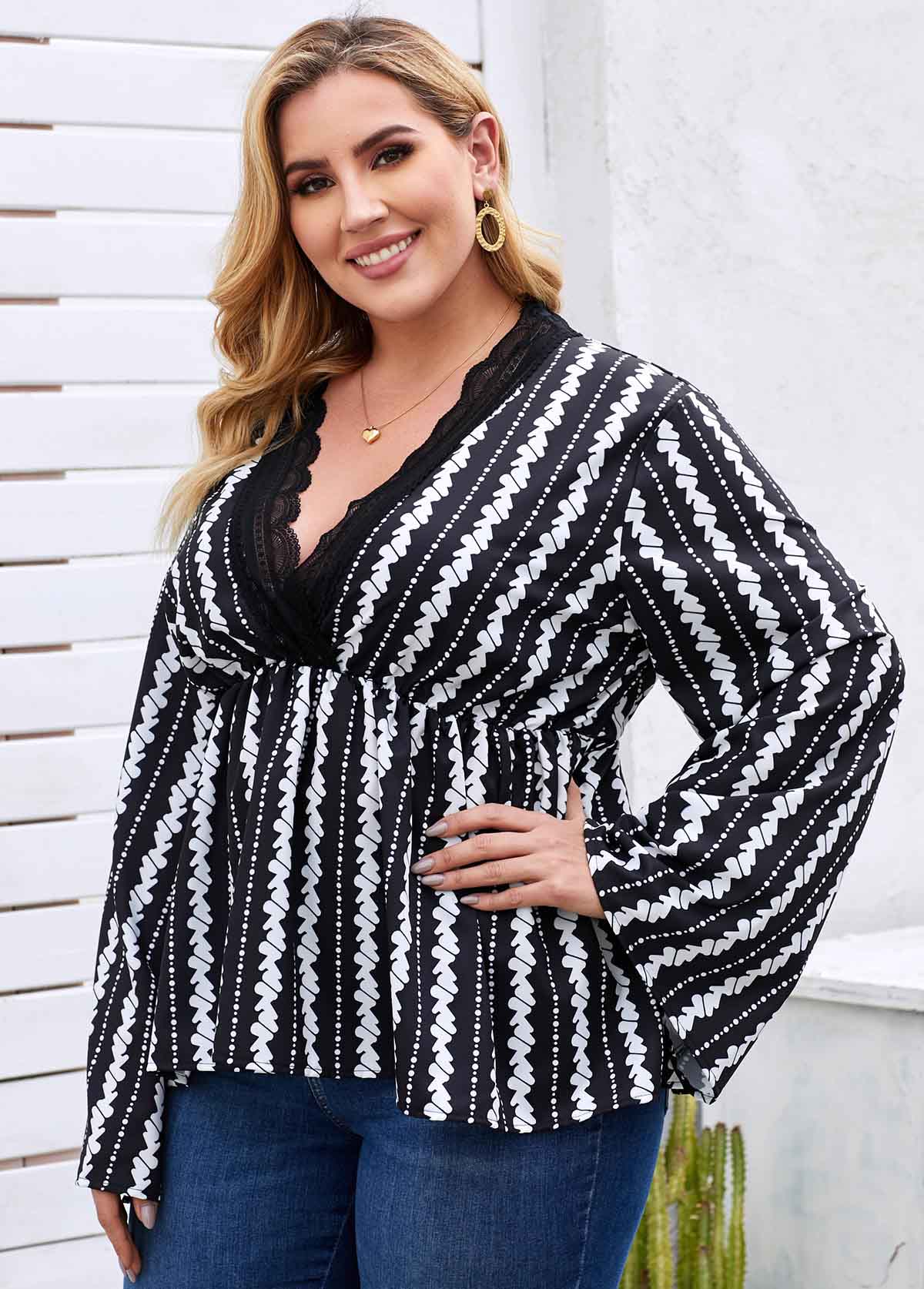 Plus Size Lace Trim Printed Blouse | picture 