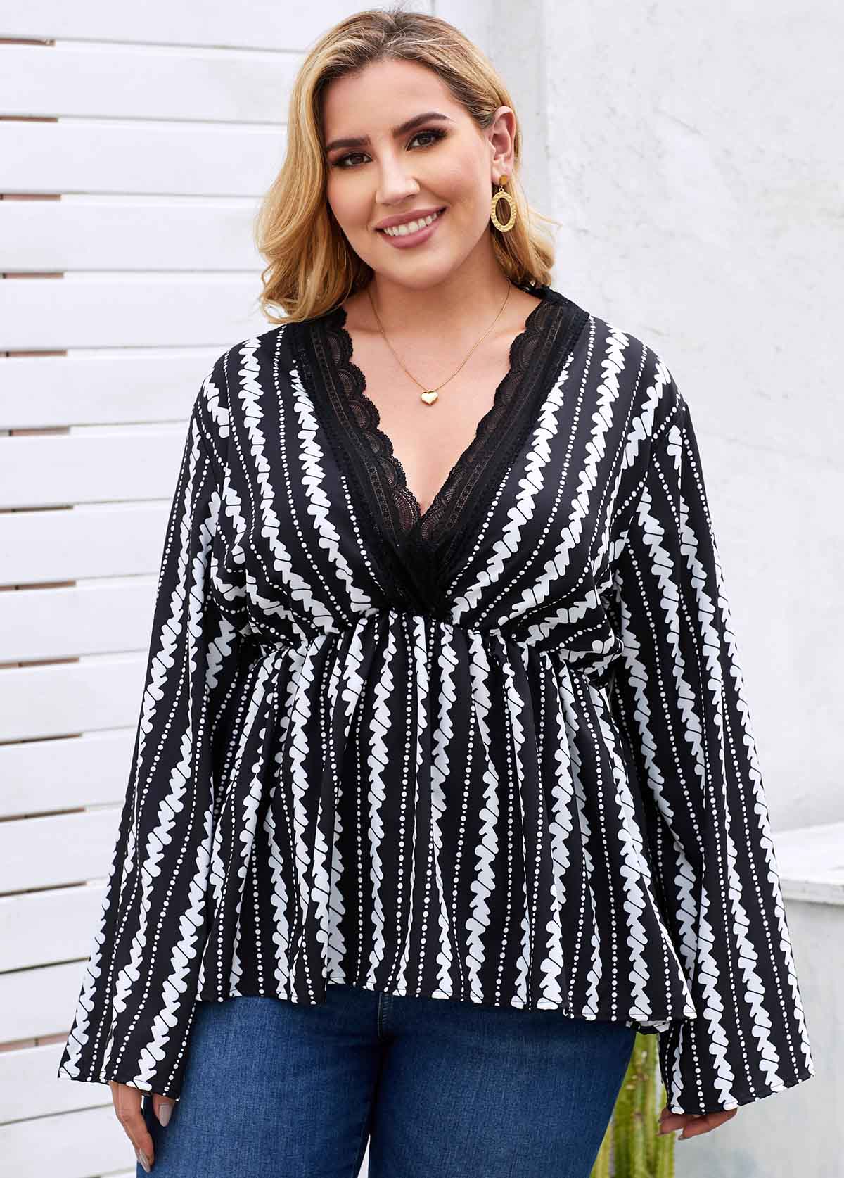 Plus Size Lace Trim Printed Blouse | picture 