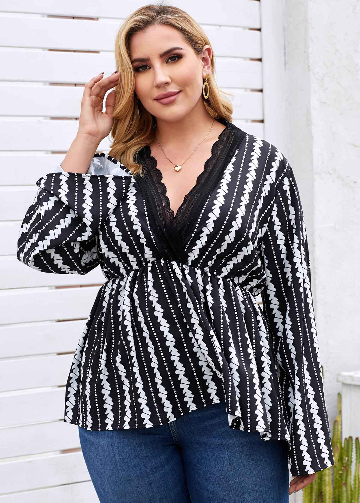 Plus Size Lace Trim Printed Blouse | picture 