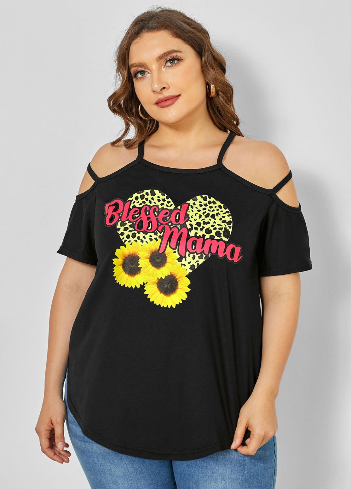 Plus Size Strappy Cold Shoulder Sunflower Print T Shirt | picture 