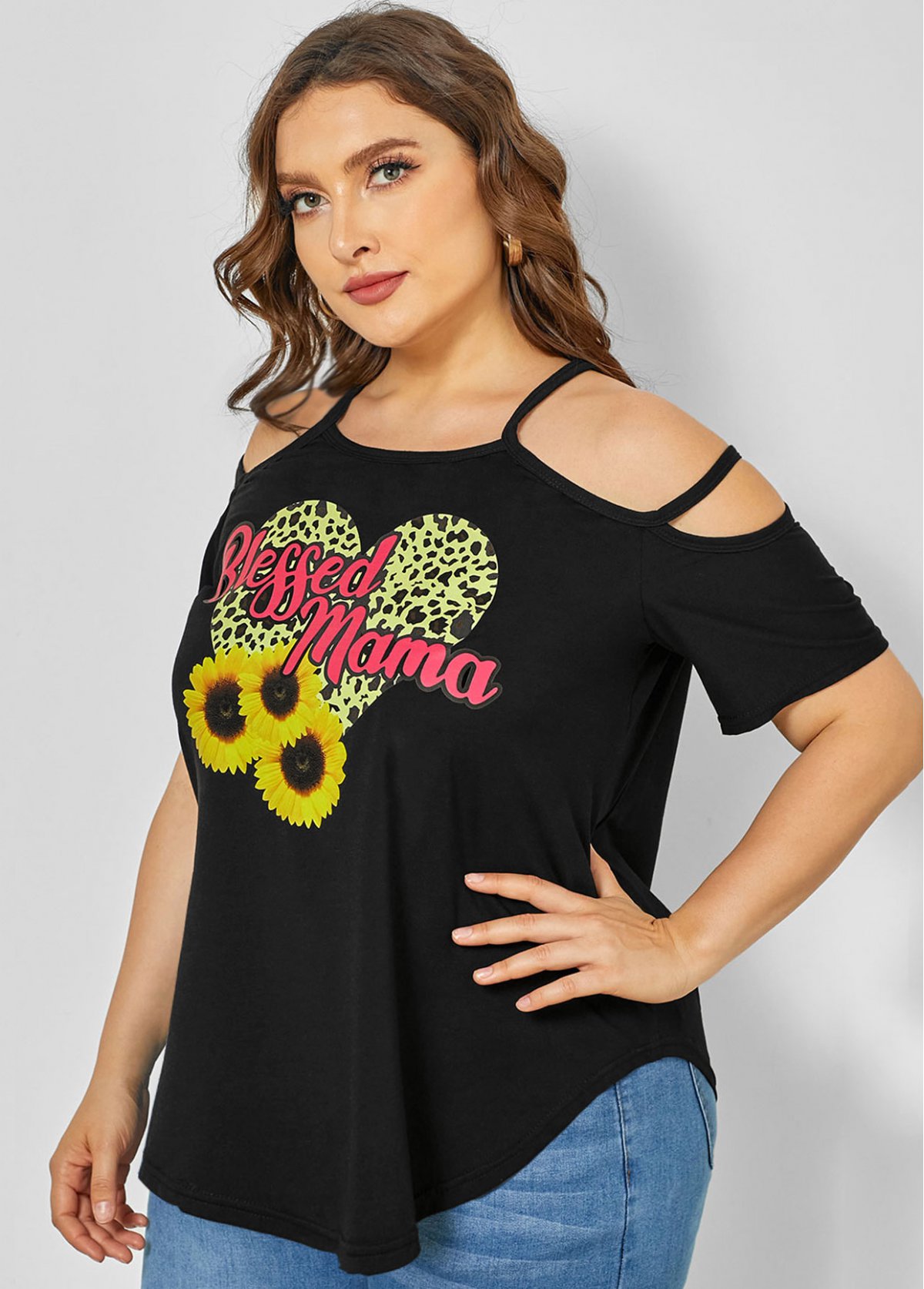Plus Size Strappy Cold Shoulder Sunflower Print T Shirt | picture 