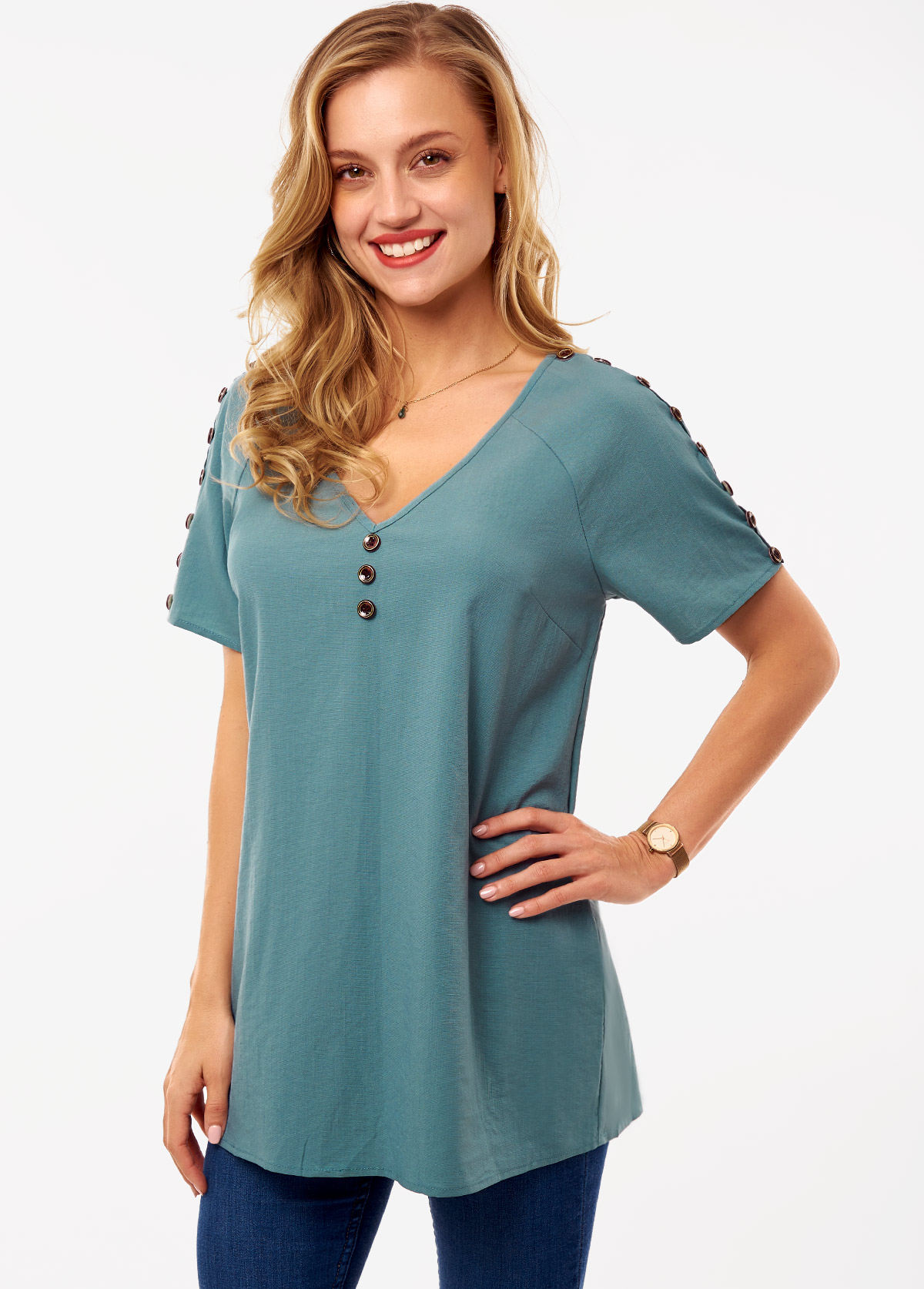 Green Button Short Sleeve V Neck Shirt | picture 