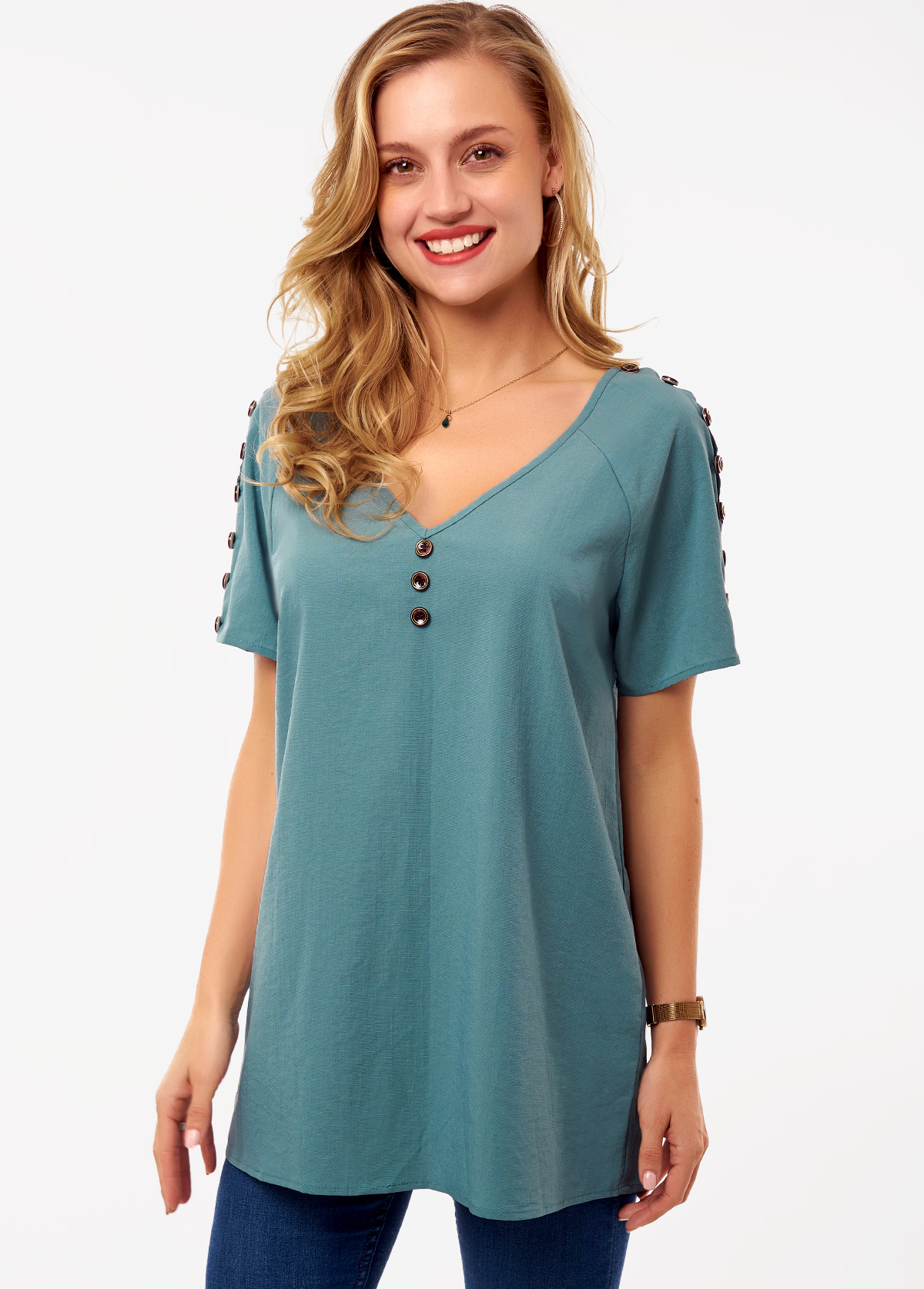 Green Button Short Sleeve V Neck Shirt | picture 